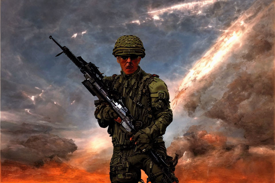 Soldier in combat gear holding rifle under dramatic sky