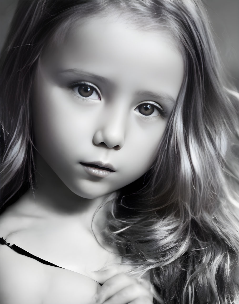 Monochrome portrait of young girl with wavy hair and captivating eyes