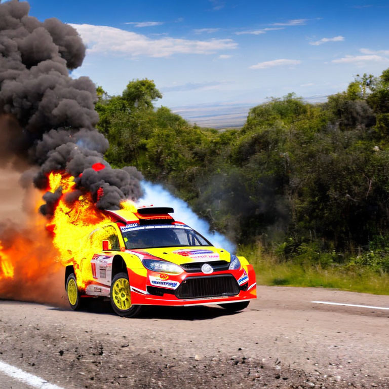 Flaming race car covered in sponsor logos on road with smoke