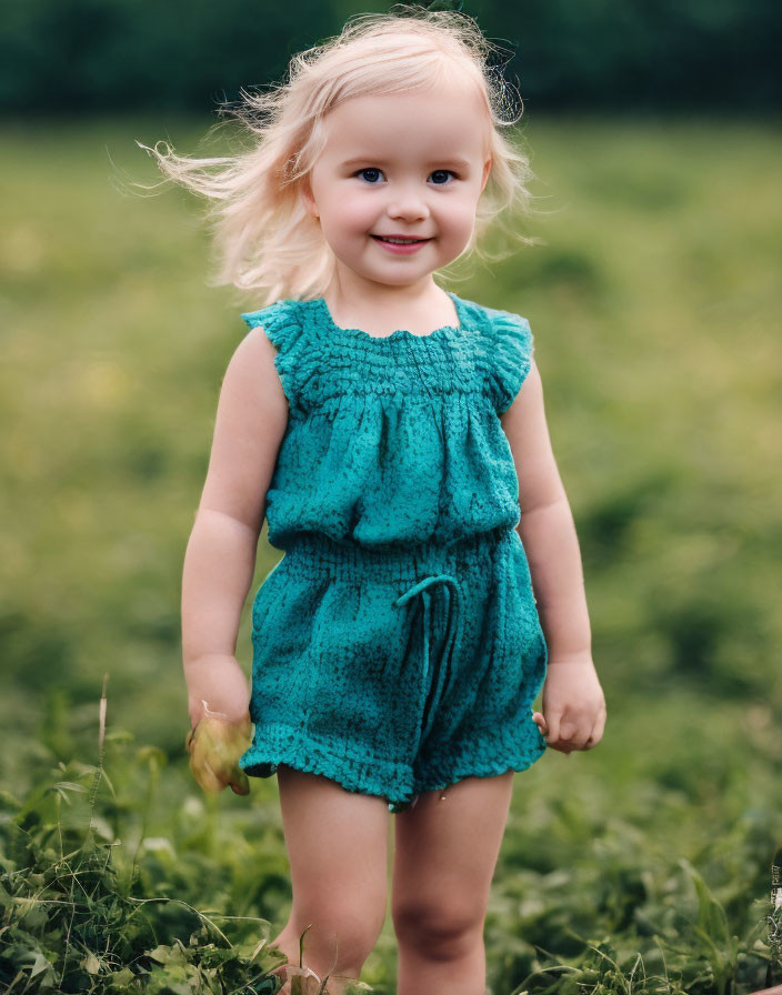 Blonde girl in teal romper smiles in field