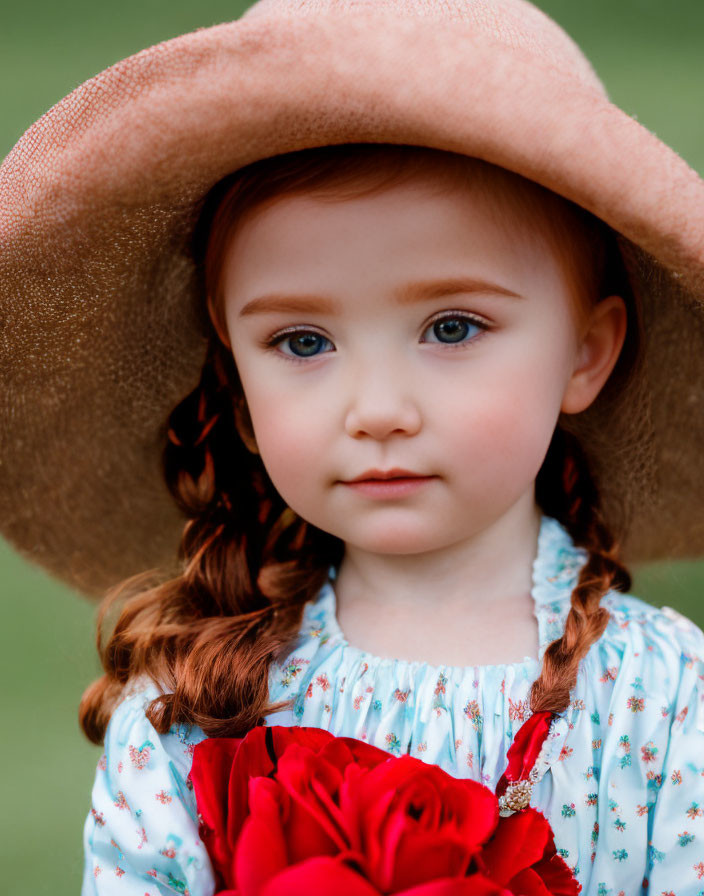 Young girl with braided hair in floppy hat holding red roses in blue floral dress