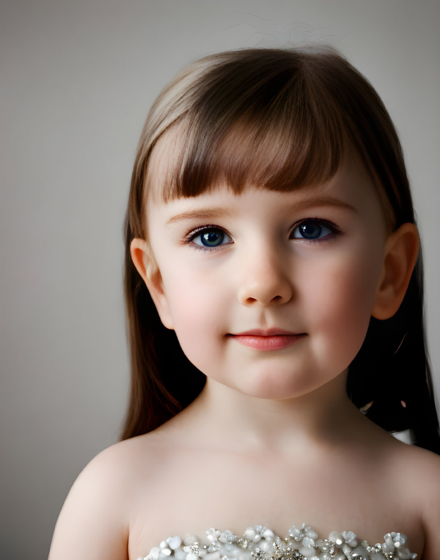 Young girl with blue eyes in pearl dress.