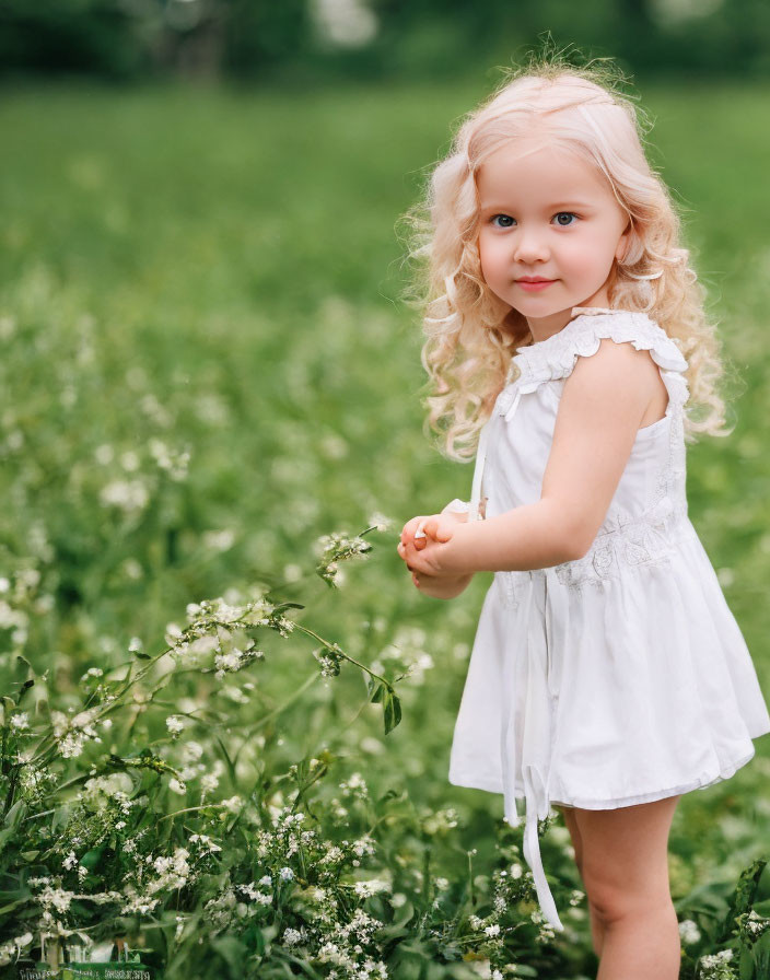 Curly Blonde-Haired Girl in White Dress Standing in Green Field