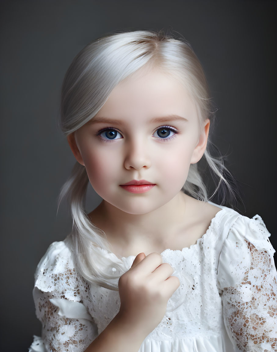 Young girl with platinum blonde hair and blue eyes in white lace dress on dark background