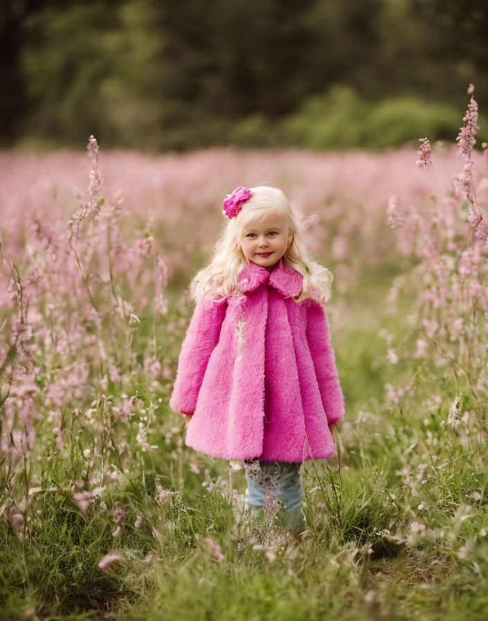 Blonde Girl in Pink Coat Surrounded by Pink Flowers