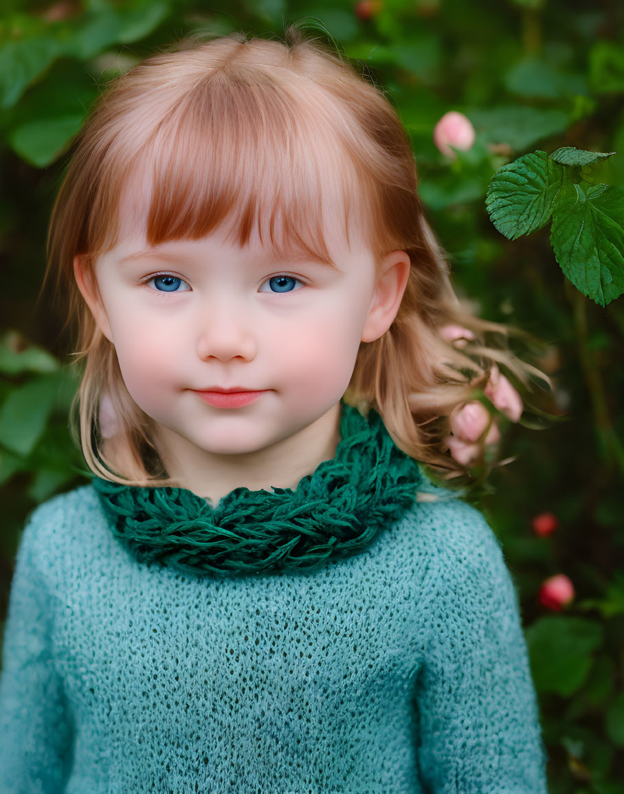 Young girl with blue eyes and brown hair in front of green bush with pink flowers wearing blue sweater and