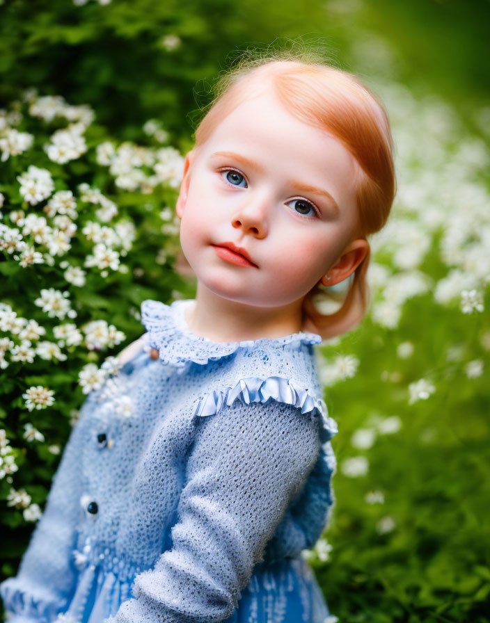 Young child with red hair and blue eyes in blue dress among white blossoms