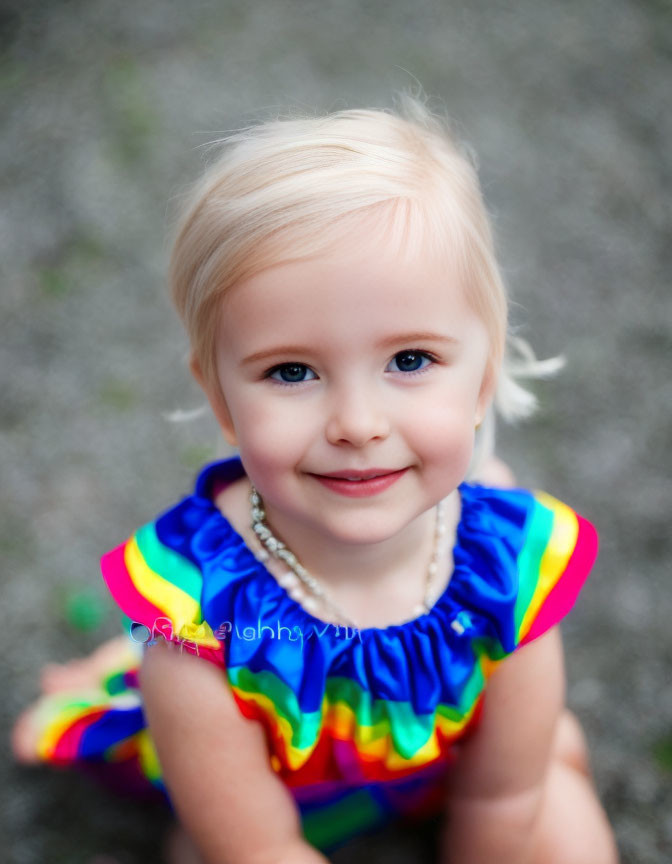 Blonde Child Smiling in Colorful Dress