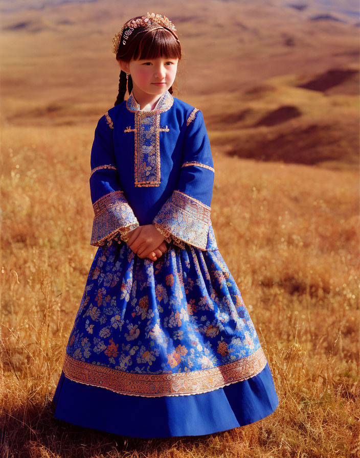 Young girl in blue ethnic dress in golden field with rolling hills