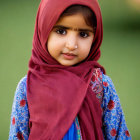 Smiling young girl in red hijab and blue dress on green background