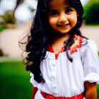 Young girl with long, wavy hair in white dress with red accents smiling outside.