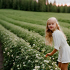 Woman in White Dress Poses with Flowers in Green Field