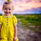 Young girl in yellow dress smiles against sunset sky and country path.