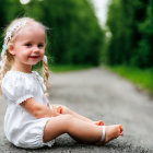 Blonde child in white dress smiles in park scene