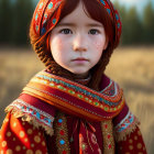 Young girl in traditional attire with braided hair gazes serenely.