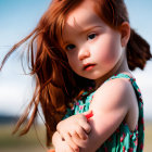 Child with red hair and blue eyes in floral dress and hair clip gazes into distance