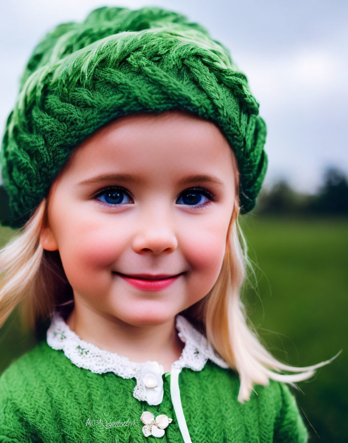 Child with bright blue eyes in green knitted hat and cardigan outdoors