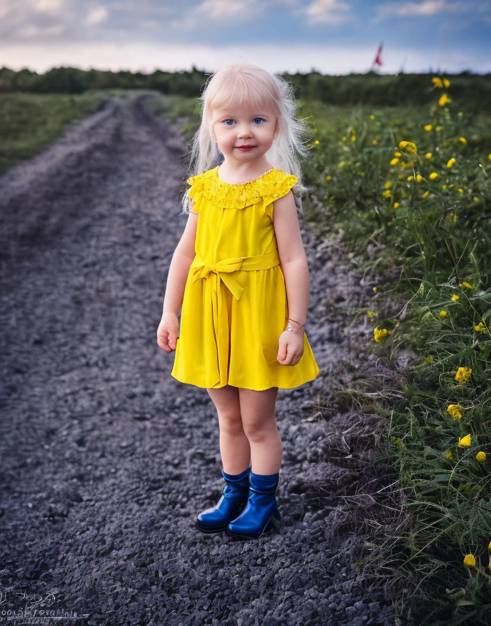 Blonde child in yellow dress and blue boots on gravel path among greenery