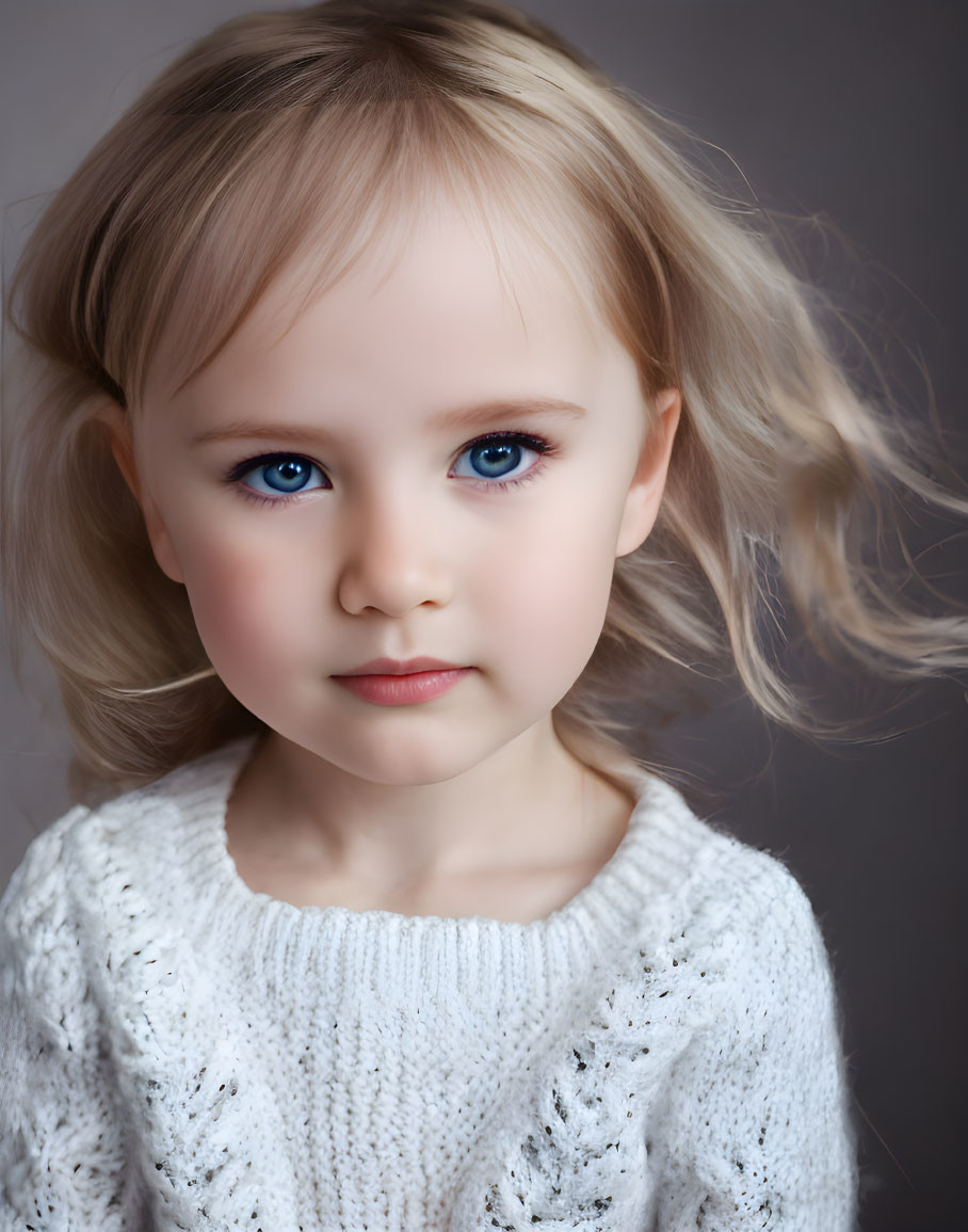 Child portrait with blue eyes and white sweater on grey background