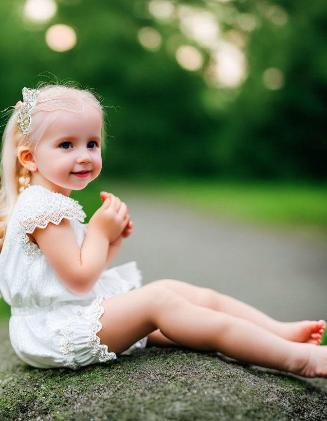 Blonde child in white dress smiles in park scene