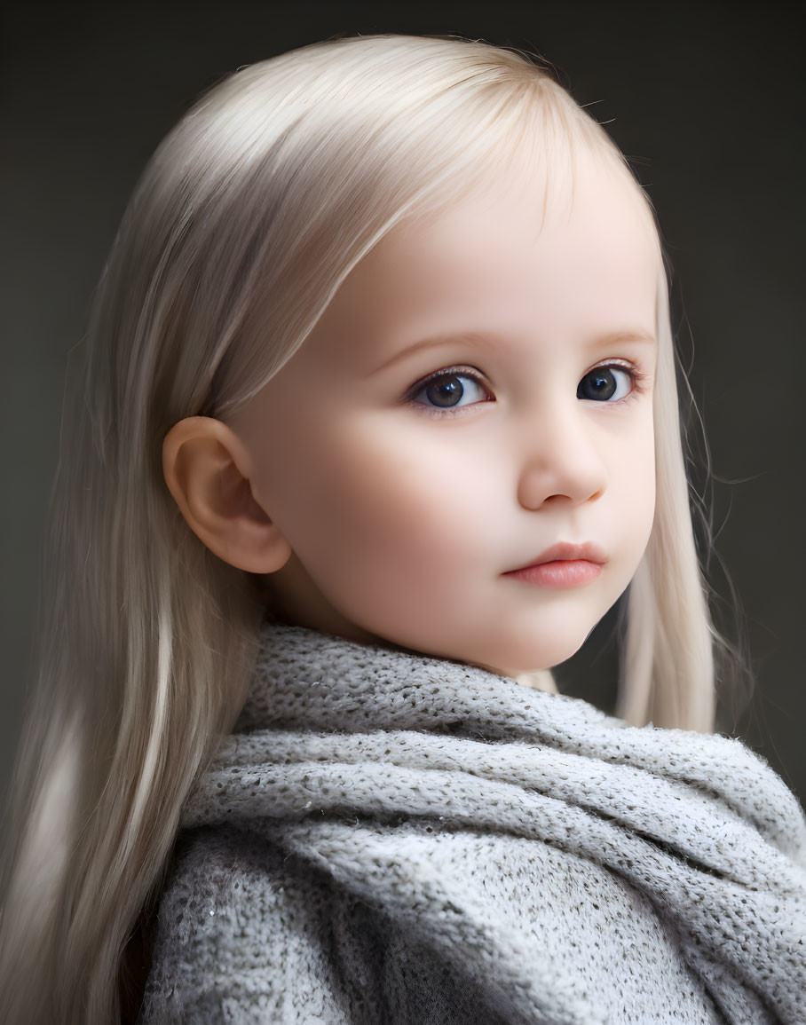 Young Child Portrait: Blonde Hair, Blue Eyes, Gray Sweater