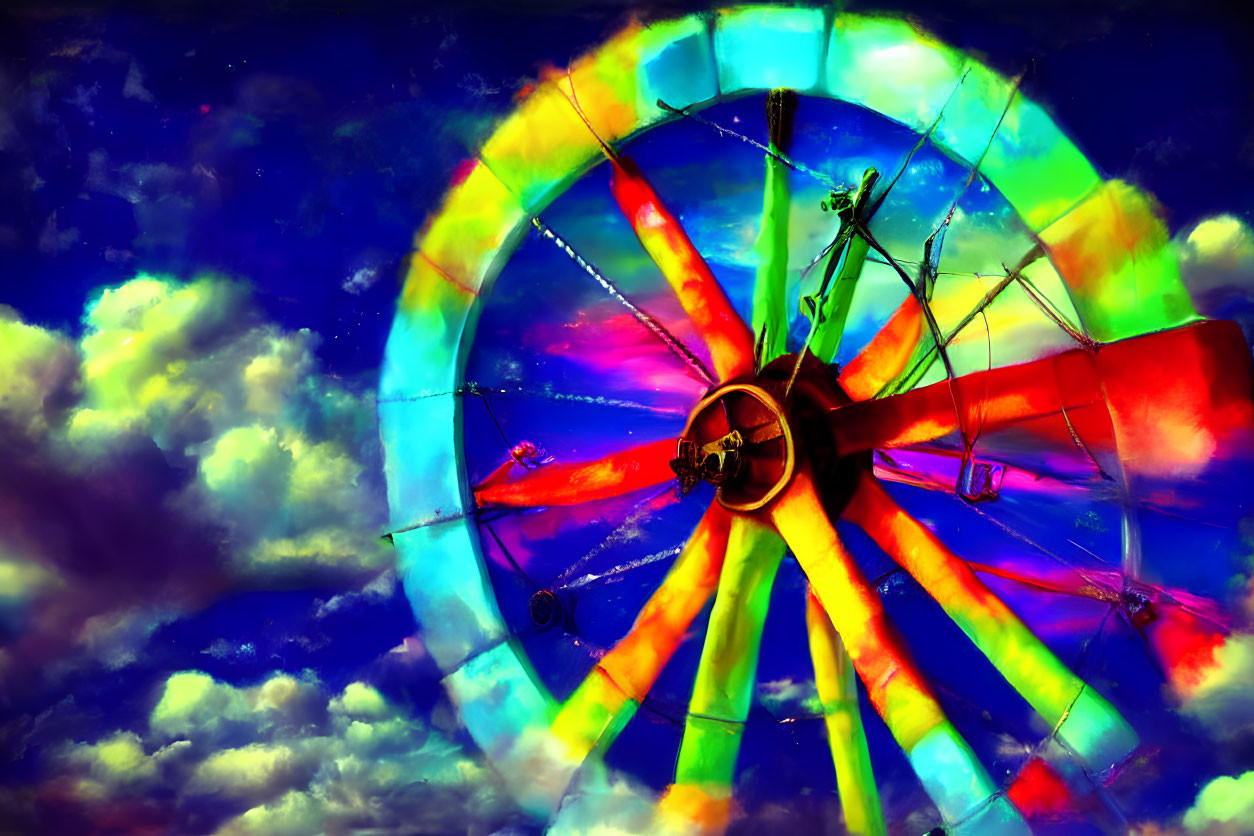 Colorful Psychedelic Carnival Ride Spinning in Blue Sky