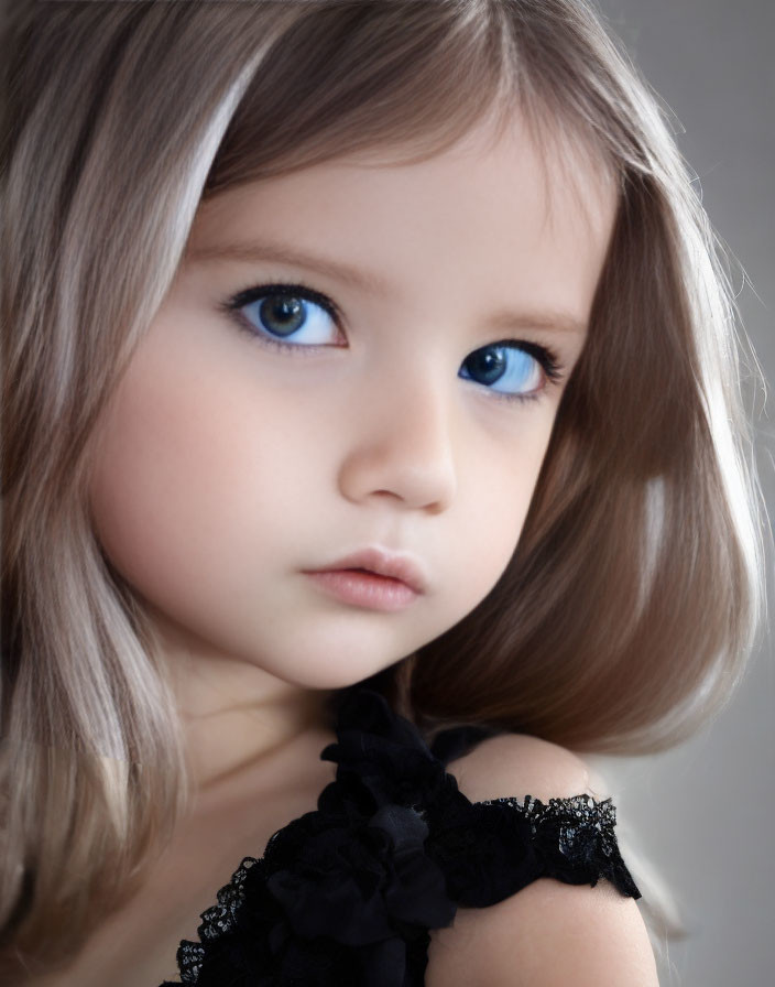 Portrait of young girl with blue eyes, brown hair, and black lace dress