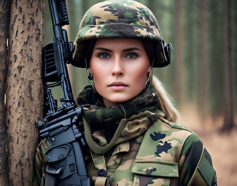 Female soldier in camouflage with helmet, headphones, and rifle in forest