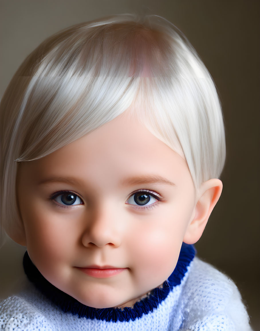 Young child with blue eyes and blonde hair in close-up portrait.