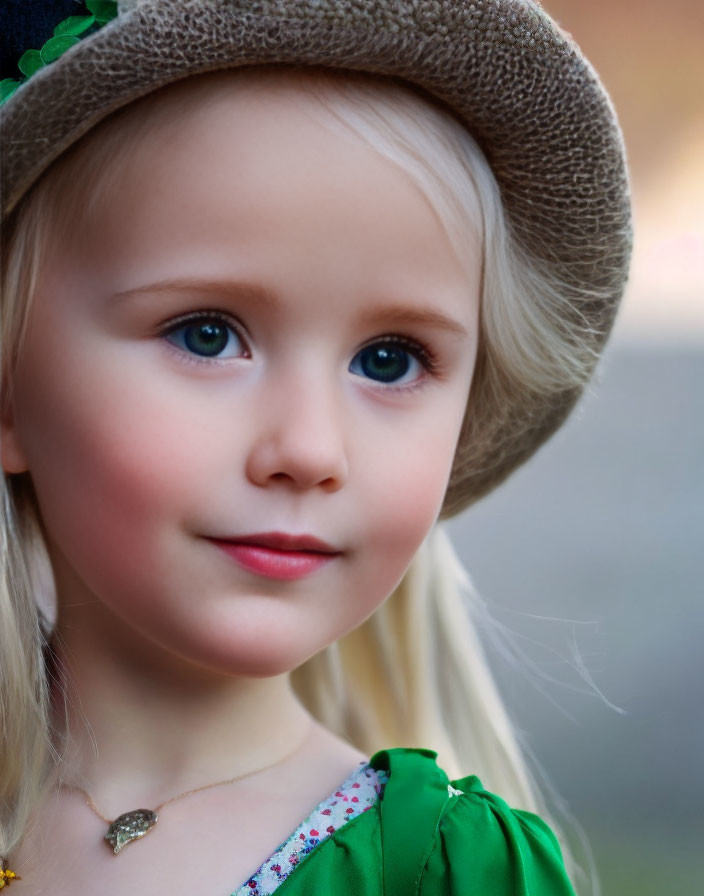 Portrait of young girl with blue eyes, blonde hair, green dress, and brown hat