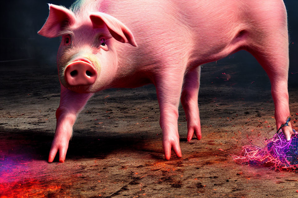 Pink pig with shiny coat under purple light and shackle on leg