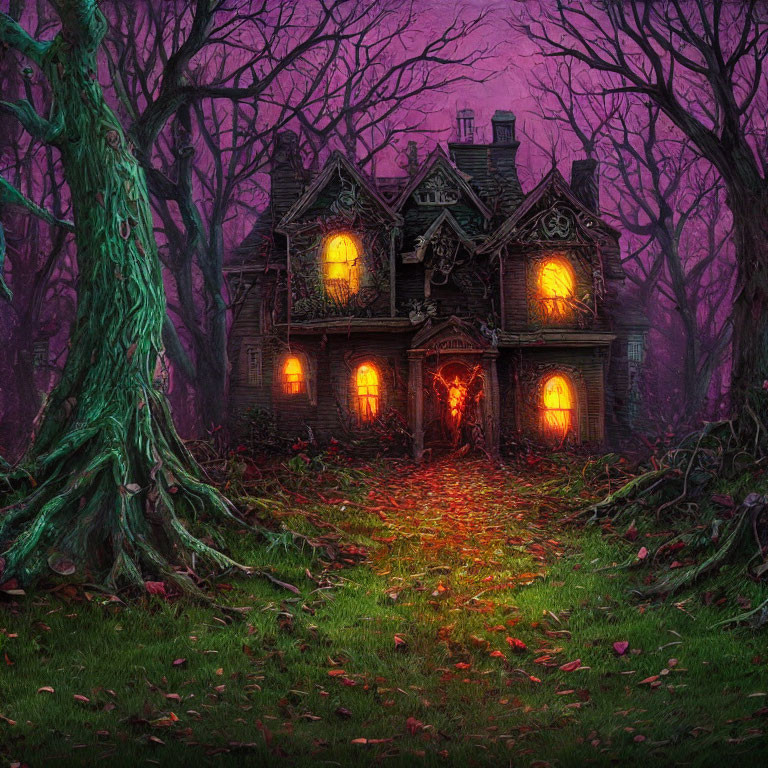 Spooky Victorian house in misty purple forest