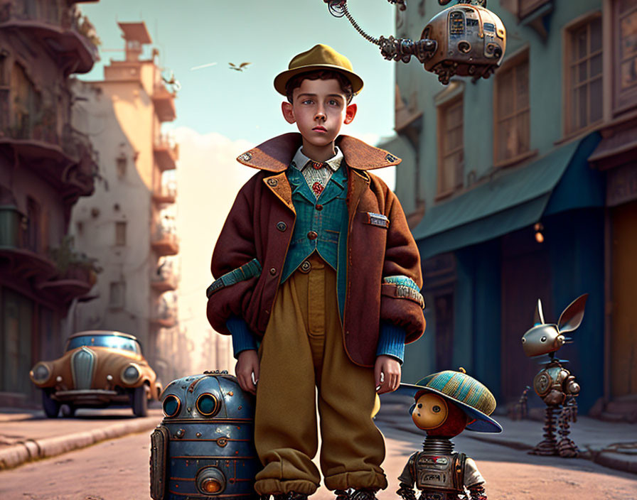 Vintage-dressed boy surrounded by robots in whimsical, retro-futuristic scene