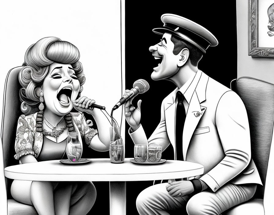 Monochrome illustration of cheerful woman and singing pilot in vintage scene