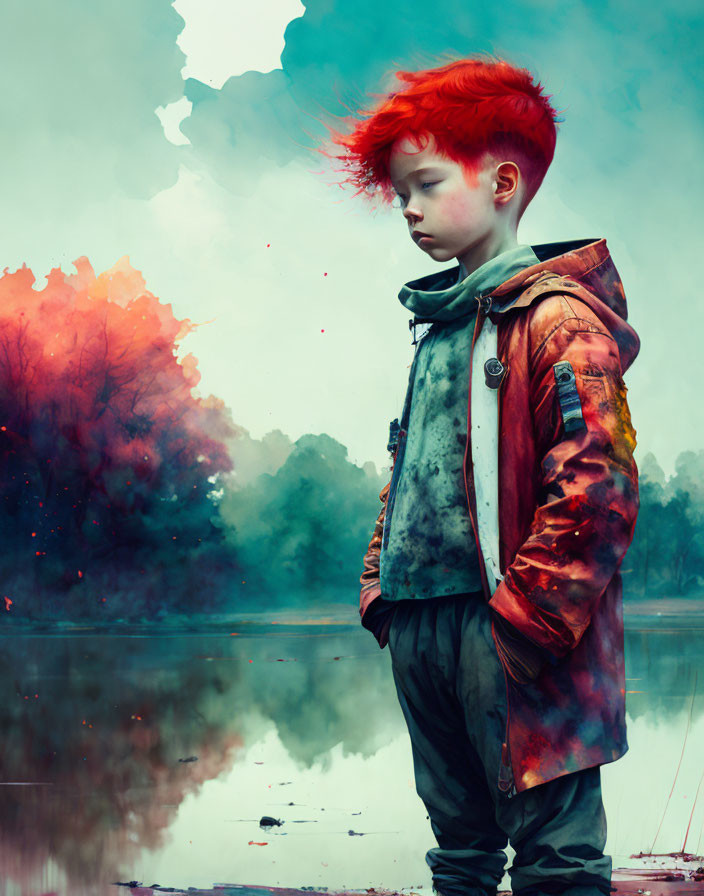 Red-Haired Child in Vibrant Red Jacket by Misty Lake