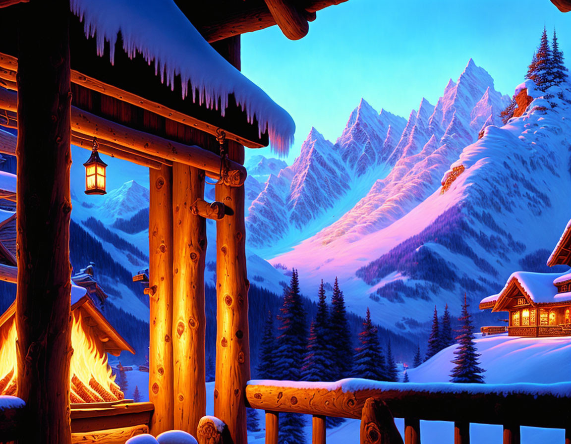 Winter cabin scene with lantern, snow-covered mountains, and pine trees at twilight