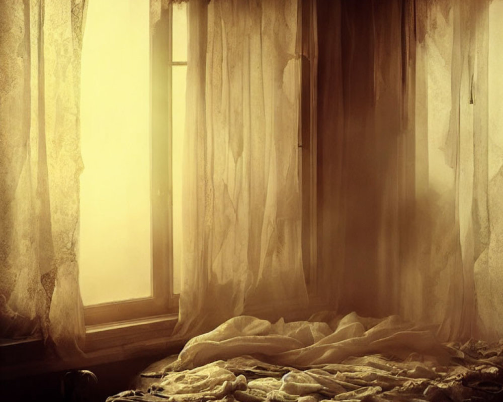 Sunlight filters through sheer curtain onto crumpled bed sheets