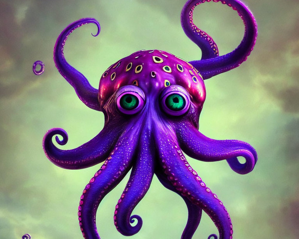 Purple octopus with expressive green eyes on mottled background