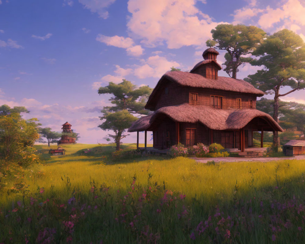 Thatched cottage in lush field with purple flowers and trees under soft sunset sky