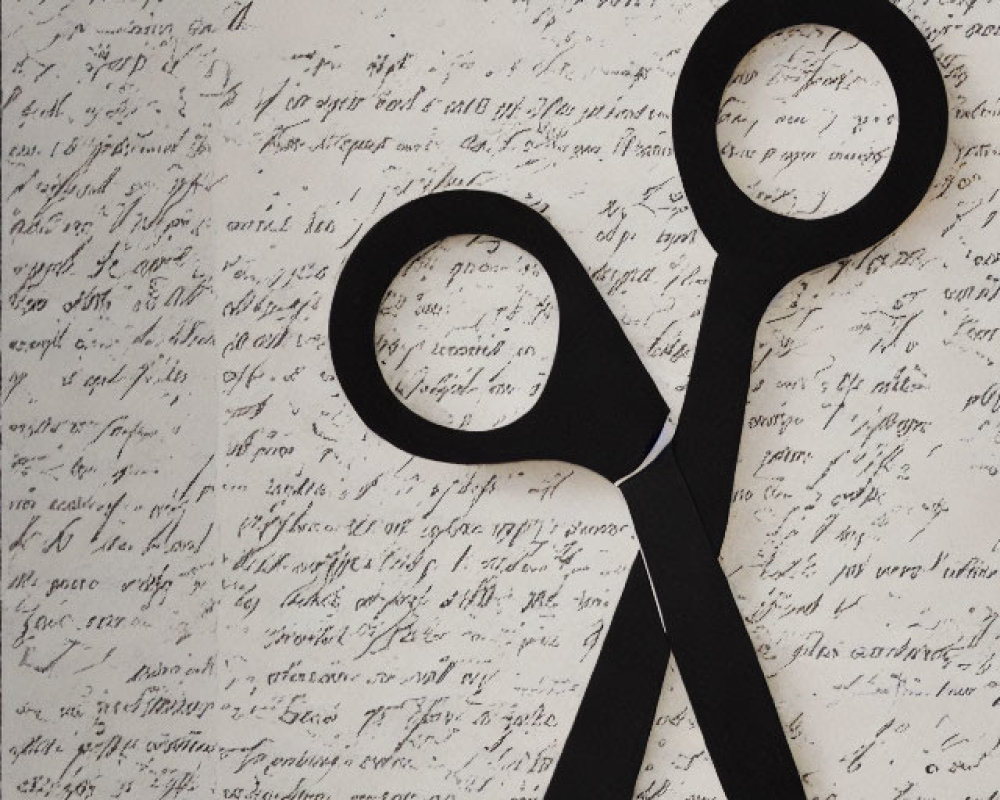 Black scissors on handwritten text background.