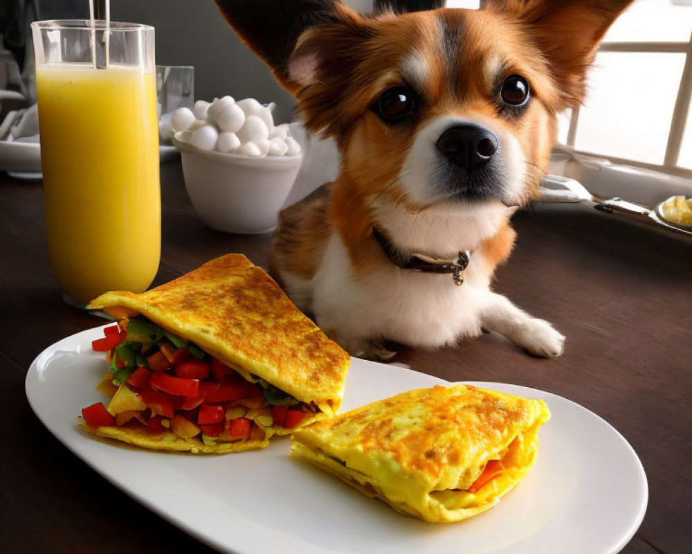 Dog sitting at table with omelette and orange juice, gazing at camera