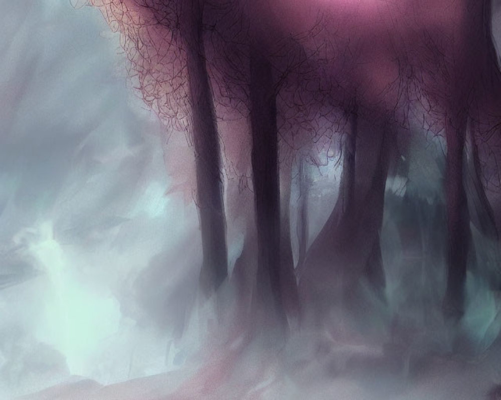 Mystical forest scene with bare trees, pinkish-purple sky, fog, and glowing sun