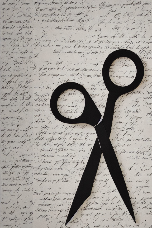 Black scissors on handwritten text background.