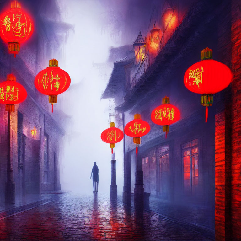 Misty traditional street with glowing red lanterns at night