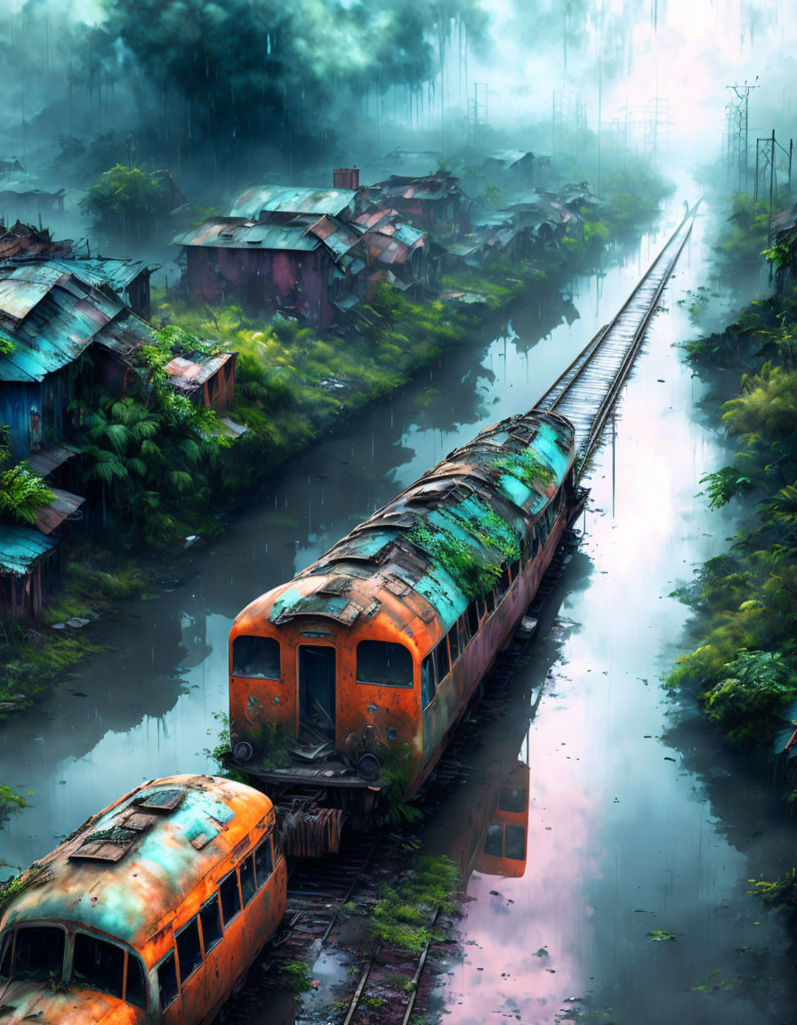 Abandoned train on foggy tracks in lush, decayed setting