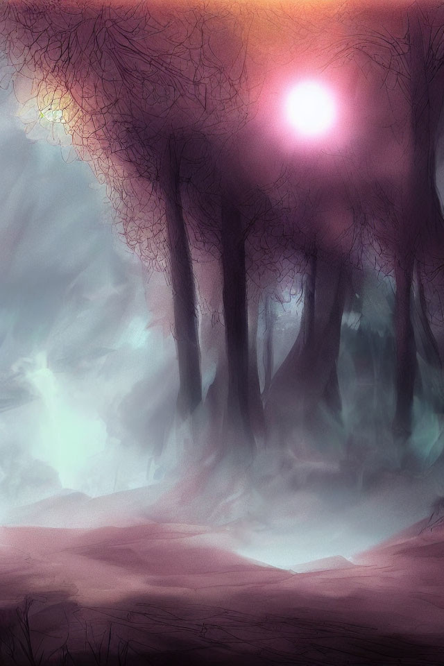 Mystical forest scene with bare trees, pinkish-purple sky, fog, and glowing sun