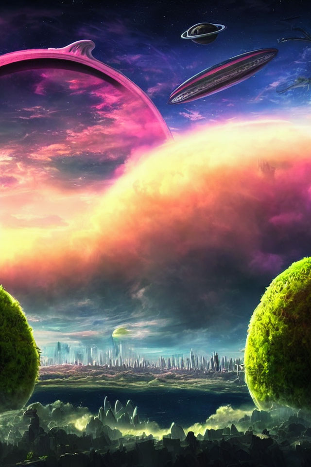 Futuristic sci-fi landscape with colorful alien sky and hovering spacecrafts