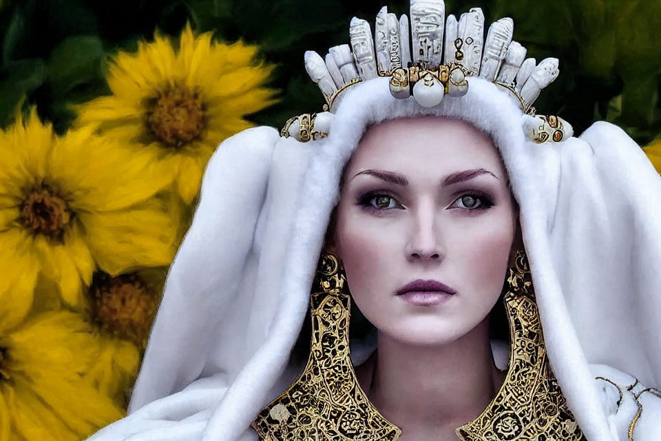 Portrait of a Woman with Green Eyes and White Headdress in Floral Setting