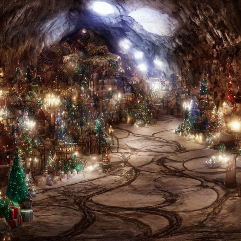 Magical Underground Christmas Village with Illuminated Buildings