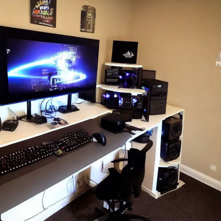 Spacious Gaming Setup with LED Lights, Large Screen, and PC